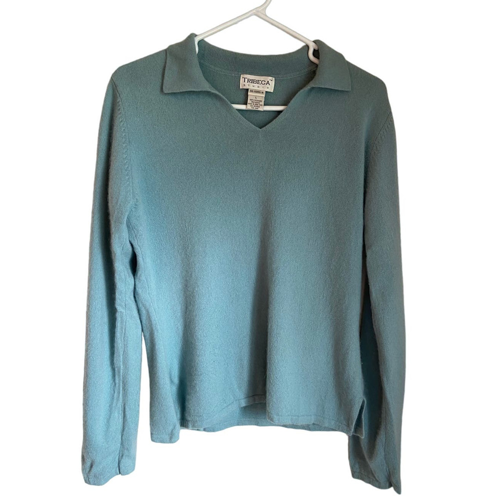 Tribeca Studios Tiffany Blue Collared Sweater 100% Cashmere Size L Preppy Cozy